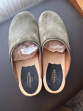 Swedish Hasbeens Olive Green Suede Mules